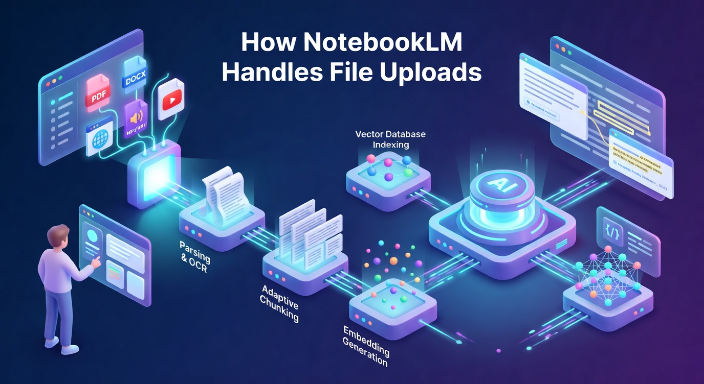 Architecture diagram of the NotebookLM file upload pipeline
