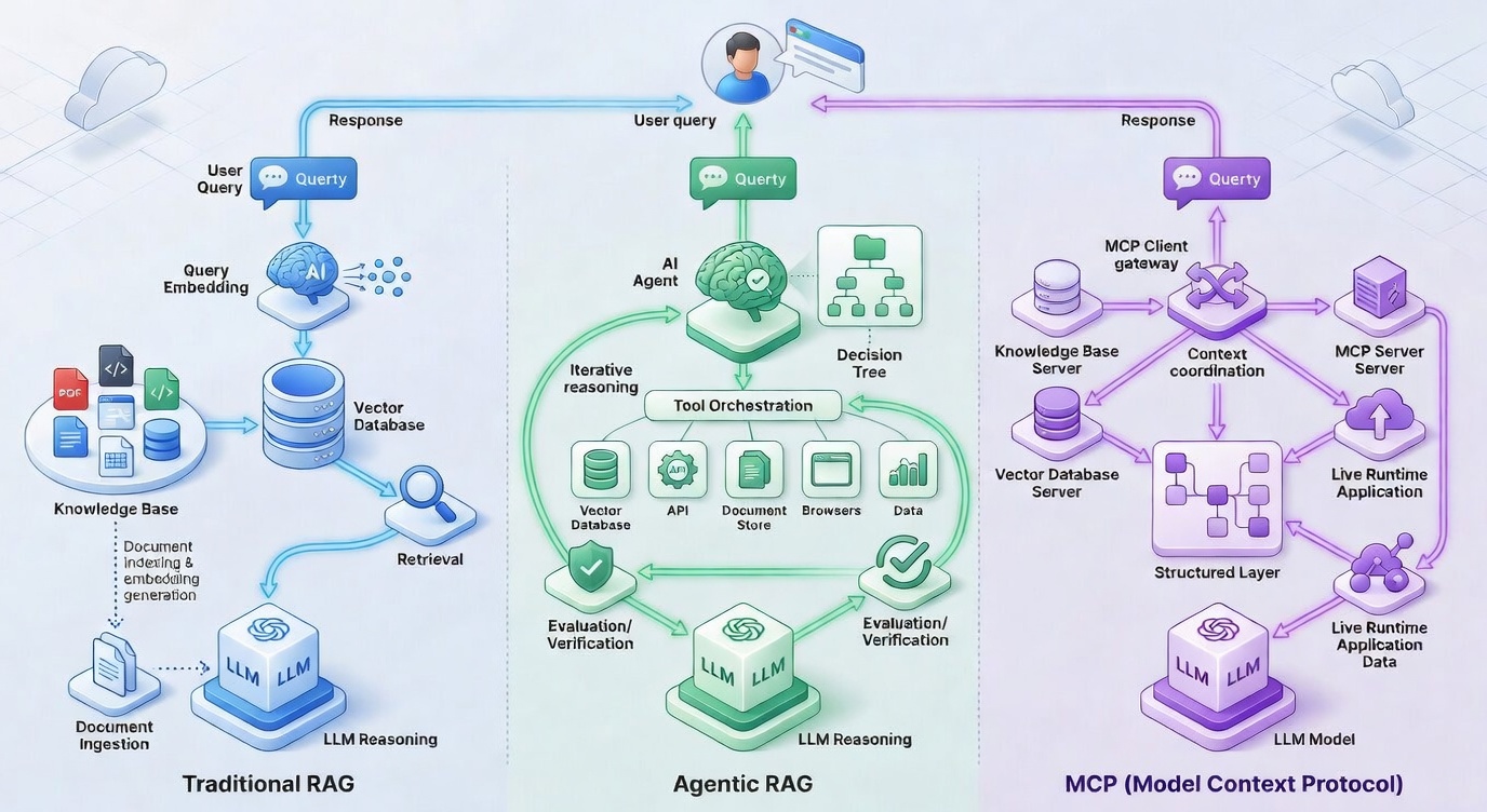 Architecture comparison diagram showing RAG, Agentic RAG, and MCP at different layers of the AI stack