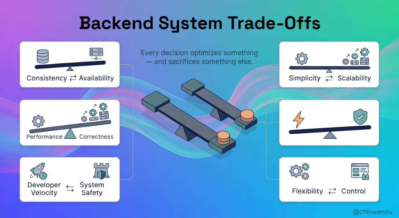 Backend System Trade-Offs infographic showing five balance scales: Consistency vs Availability, Simplicity vs Scalability, Performance vs Correctness, Developer Velocity vs System Safety, and Flexibility vs Control