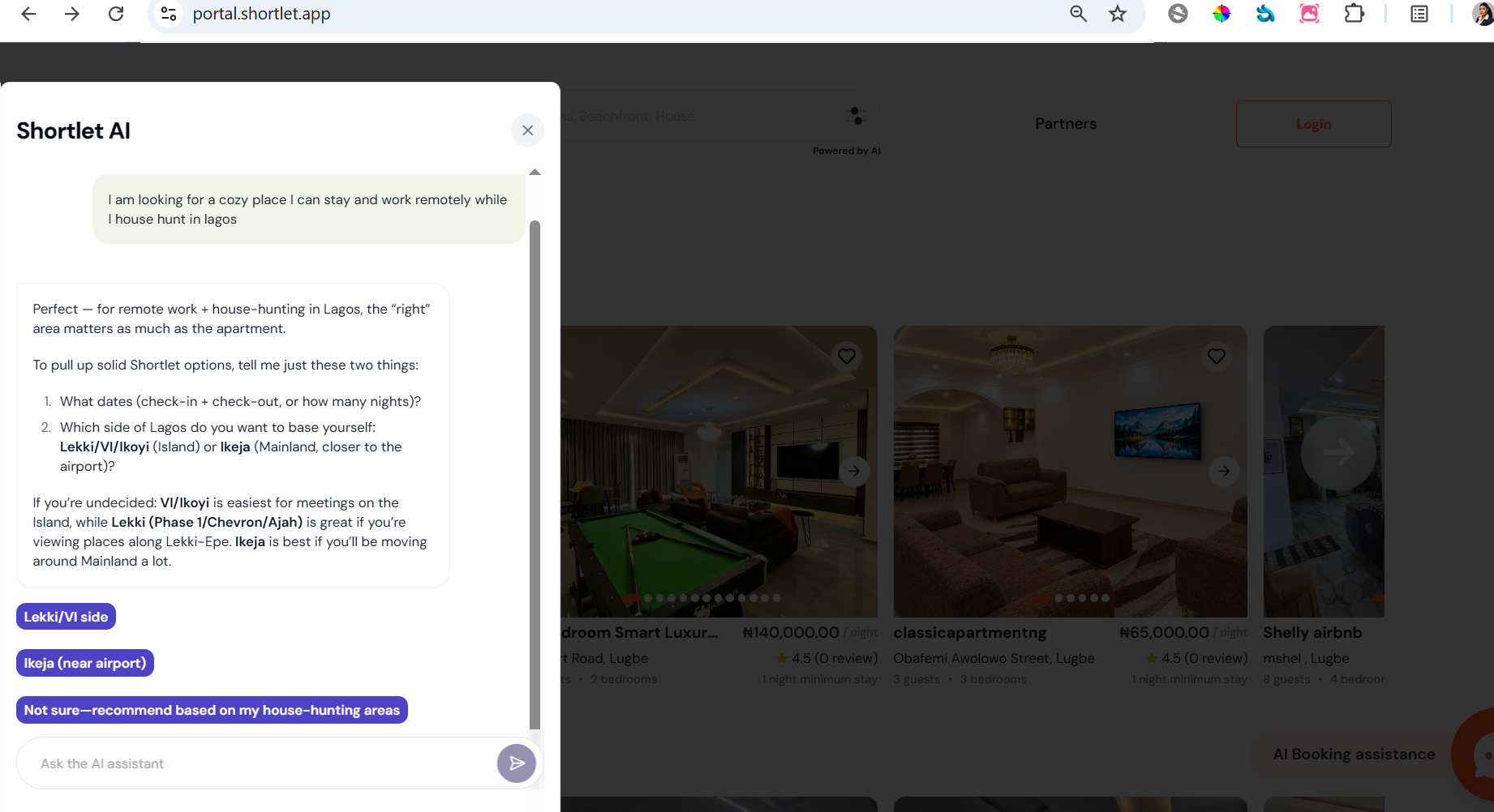 Shortlet AI asking a guest about travel dates and preferred Lagos neighbourhoods during a property search.
